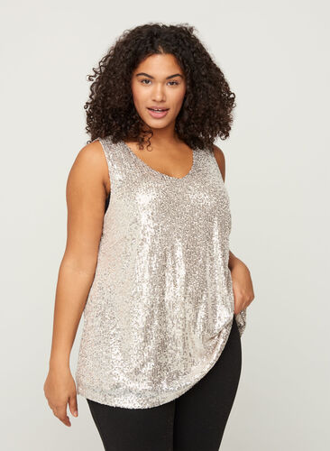 Party top with sequins and a V-neckline, Champagne, Model image number 0