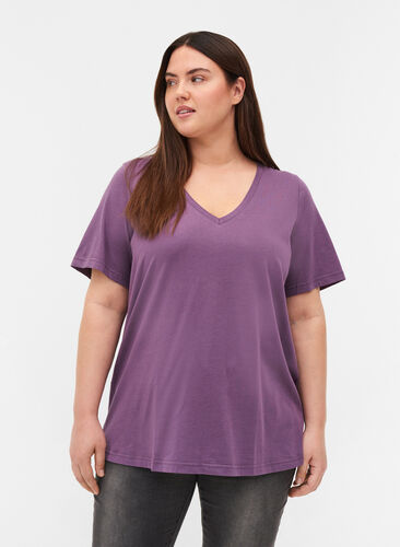 Organic cotton T-shirt with V-neckline, Vintage Violet, Model image number 0