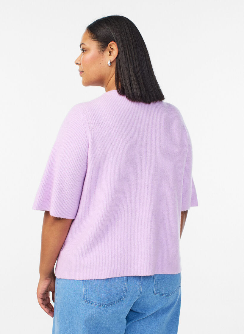 Short-sleeved knit cardigan with shiny ball buttons, Purple, Model