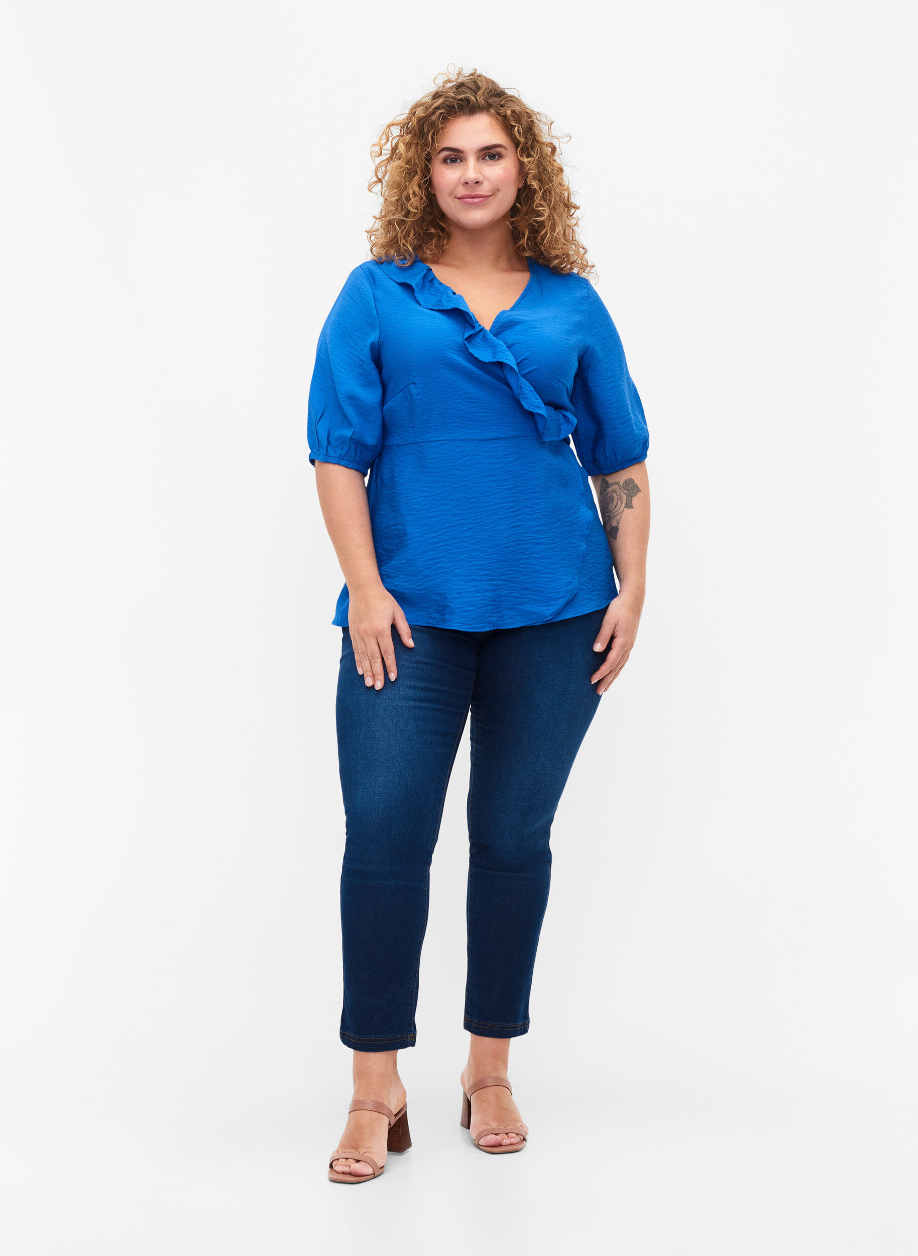 Zizzifashion Wrap blouse in viscose with 1/2 sleeves, Olympian Blue, Model image number 2