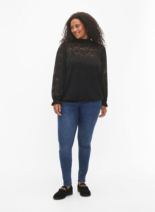Long-sleeved lace blouse with smock, Black, Model image number 2