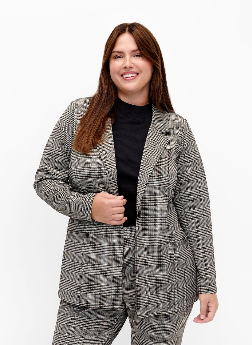 Checkered blazer with button closure, Beige Brown Check, Model image number 0