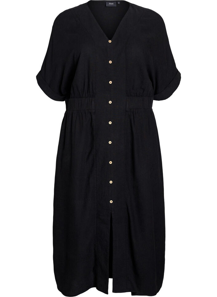 Linen and viscose midi dress with front slits, Black, Packshot image number 0