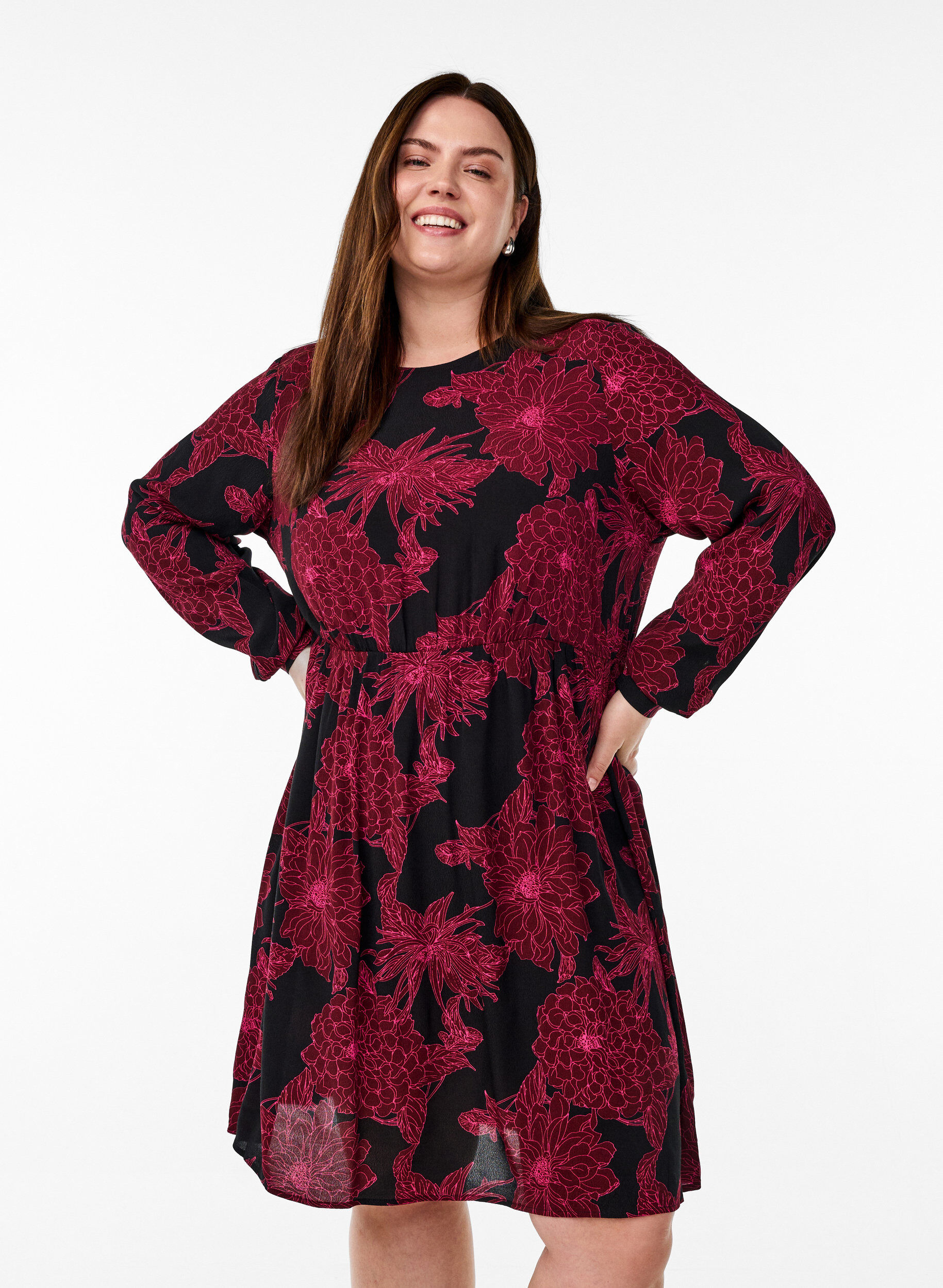 Viscose dress with print and long sleeves, Dark Bordeaux, Model