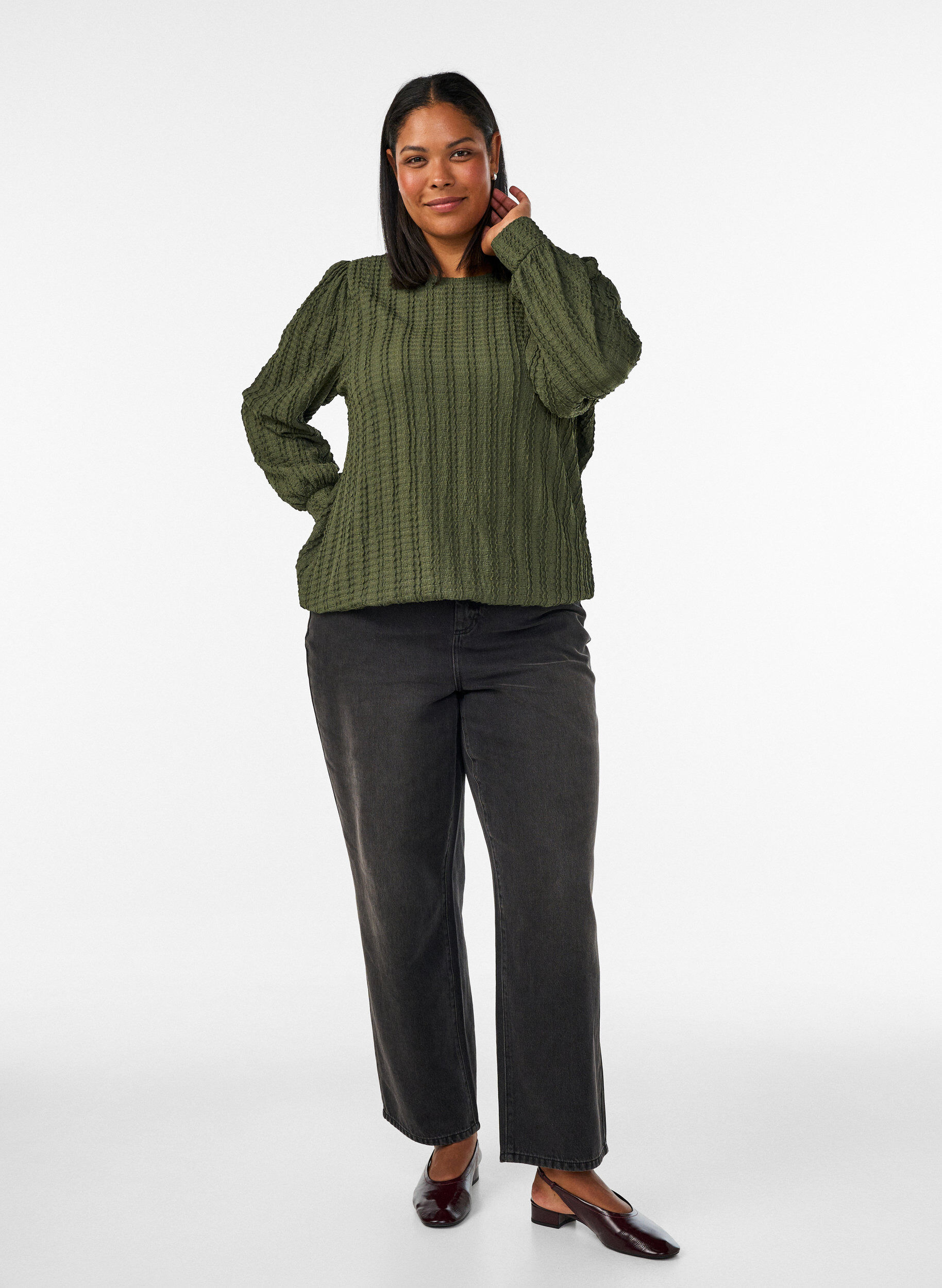 ZizzifashionTextured jersey blouse with a balloon silhouette, Green, Model image number 1