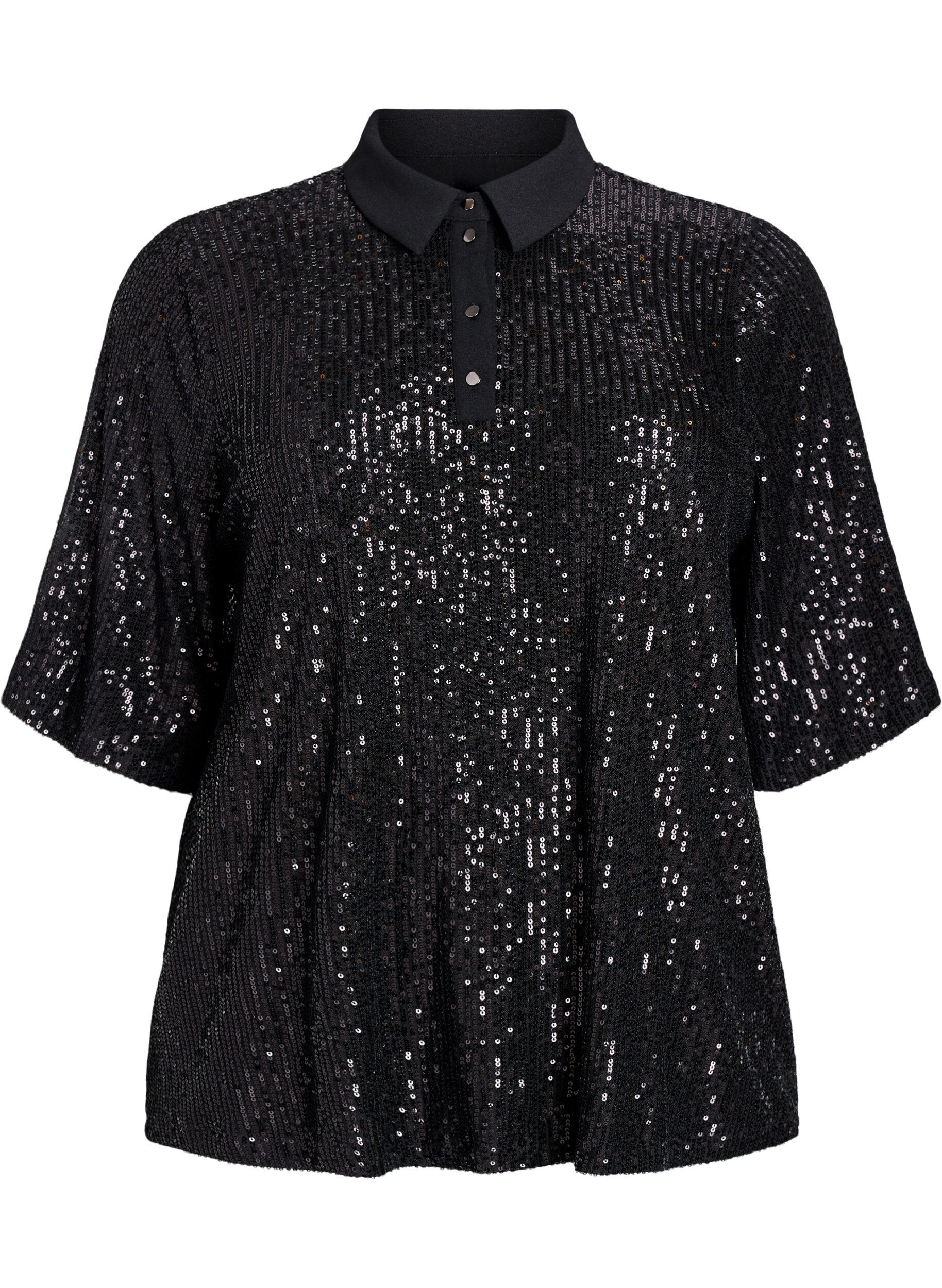 Sequin blouse with polo collar and short sleeves