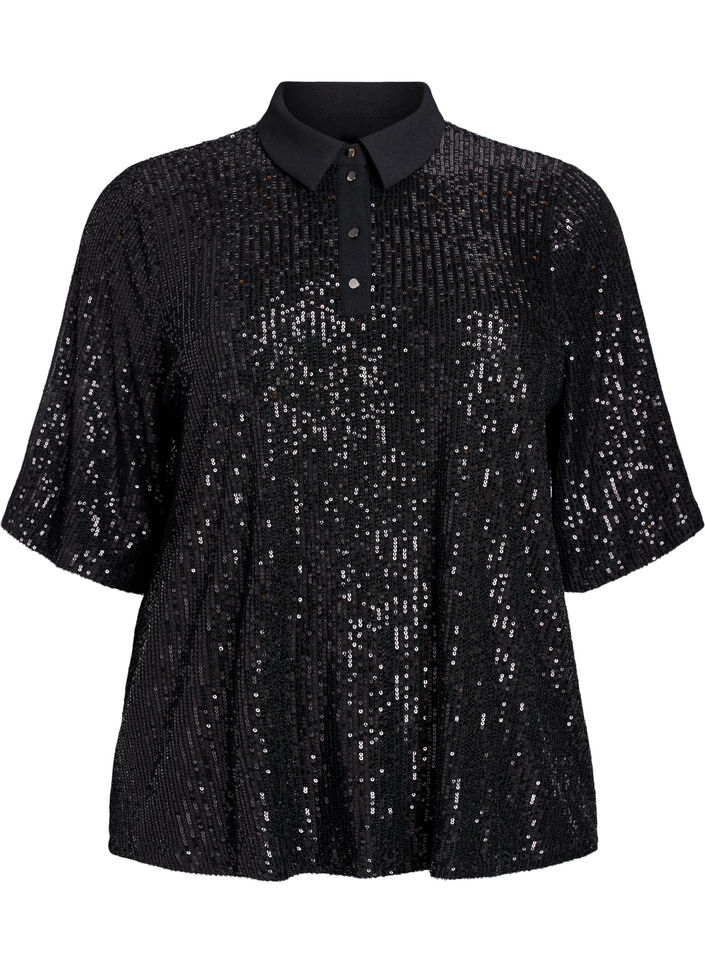 Sequin blouse with polo collar and short sleeves, Black, Packshot image number 0