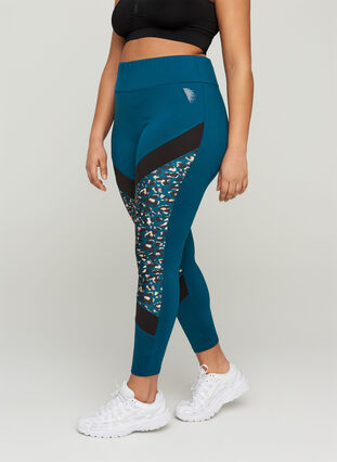 Cropped sports leggings with print details , Deep Teal, Model image number 0