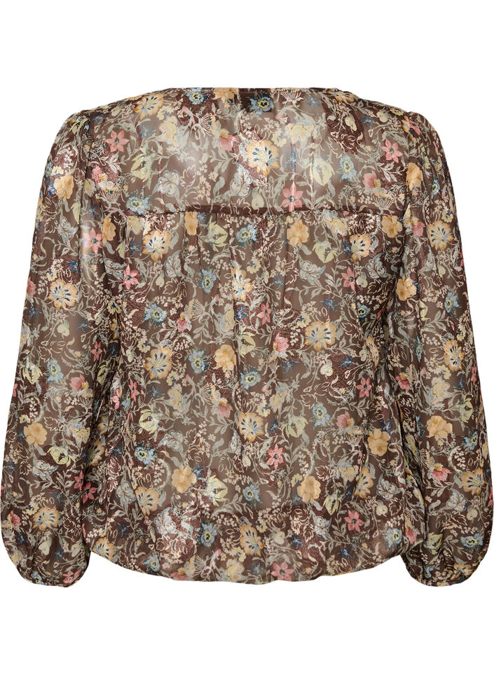 Blouse with floral print and balloon sleeves, Brown, Packshot image number 1