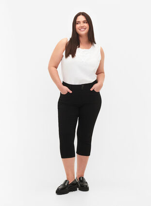 Close-fitting capri trousers in viscose mix, Black, Model image number 0