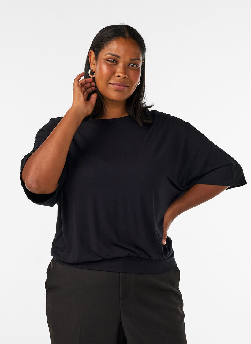 Jersey blouse with elbow-length balloon sleeves, Black, Model image number 0