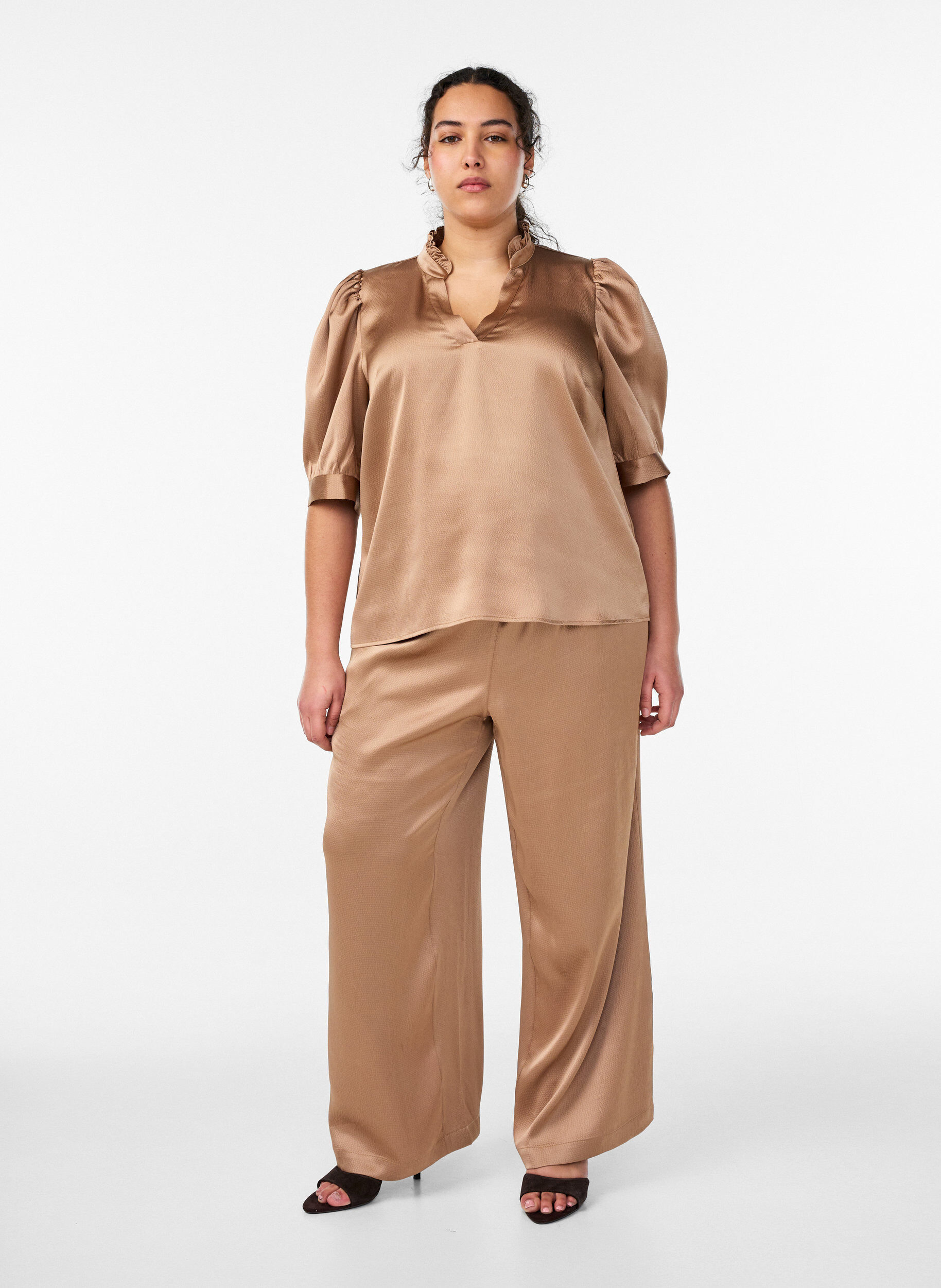 Satin-look trousers with wide, straight legs, Brown, Model