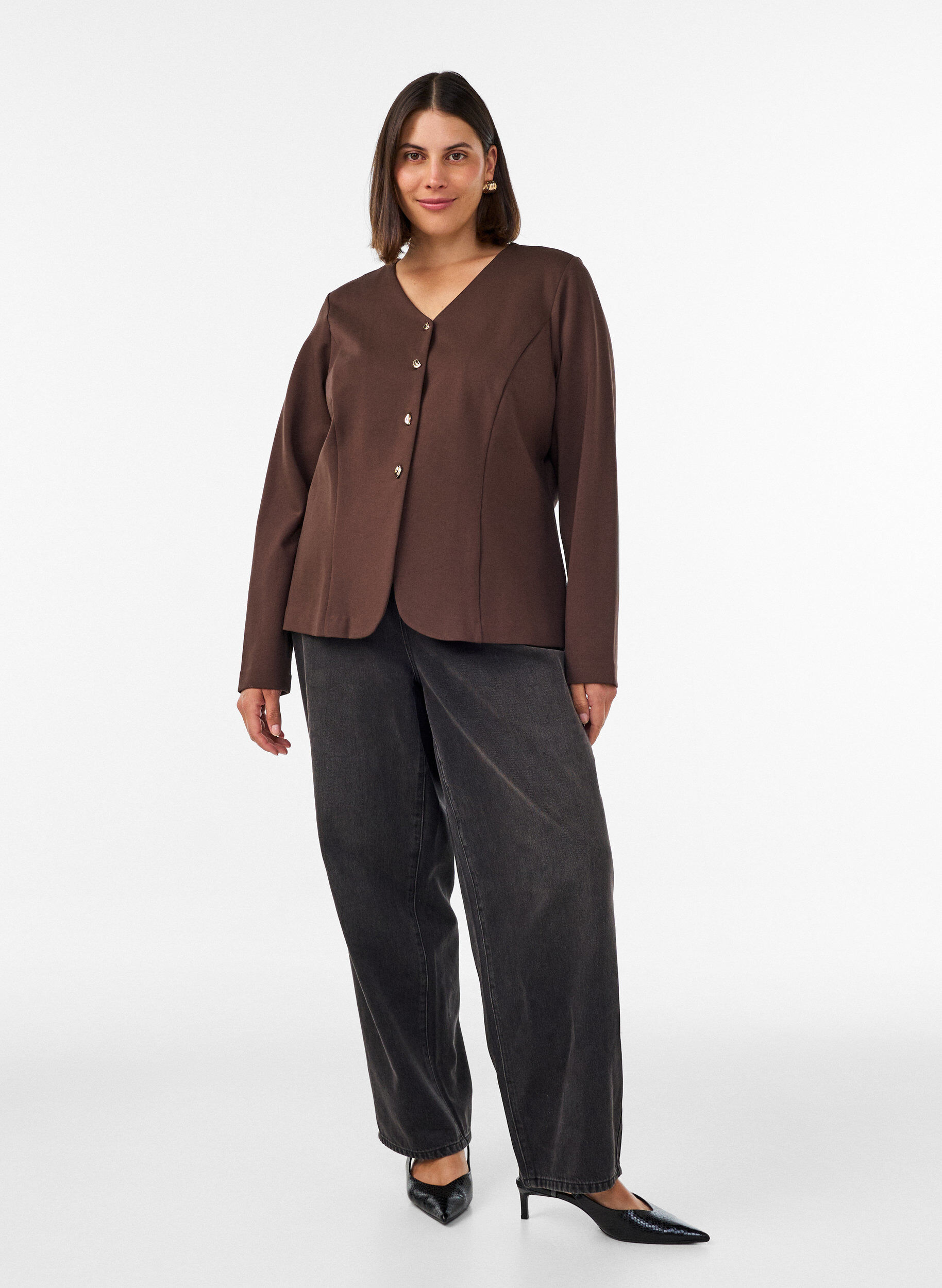 ZizzifashionFitted jersey cardigan with decorative buttons, Brown, Model image number 1
