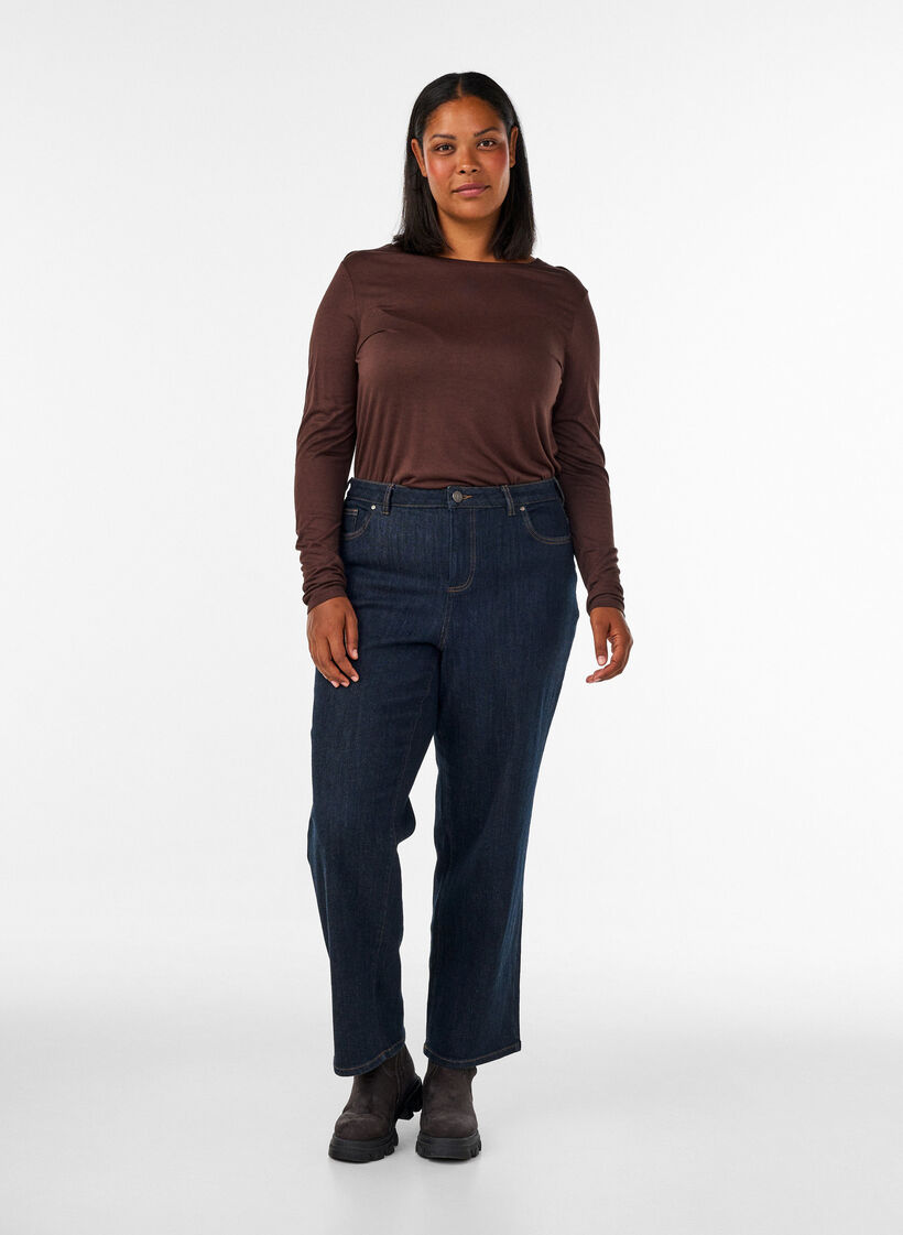 Long-sleeved blouse in wool and viscose, Brown, Model image number 1