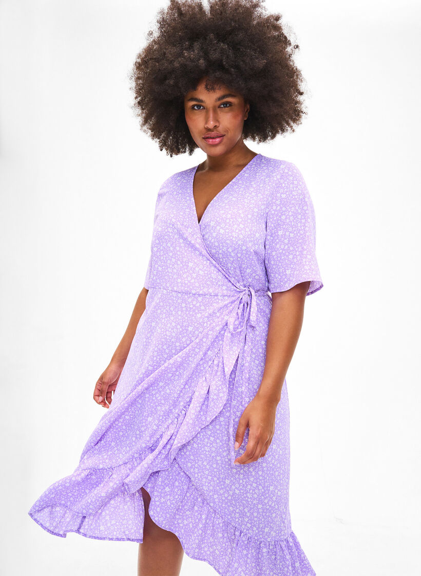 Printed wrap dress with short sleeves , Purple, Image image number 0