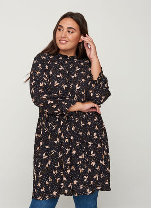 Printed viscose tunic with 3/4-length sleeves, Black AOP, Model image number 0