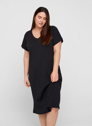 Short-sleeved ribbed dress with slits, Black, Model image number 0