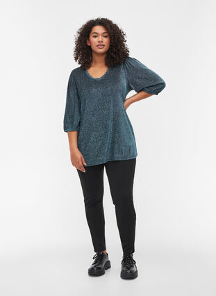 Glitter blouse with 3/4-length sleeves, BLUE , Model image number 2