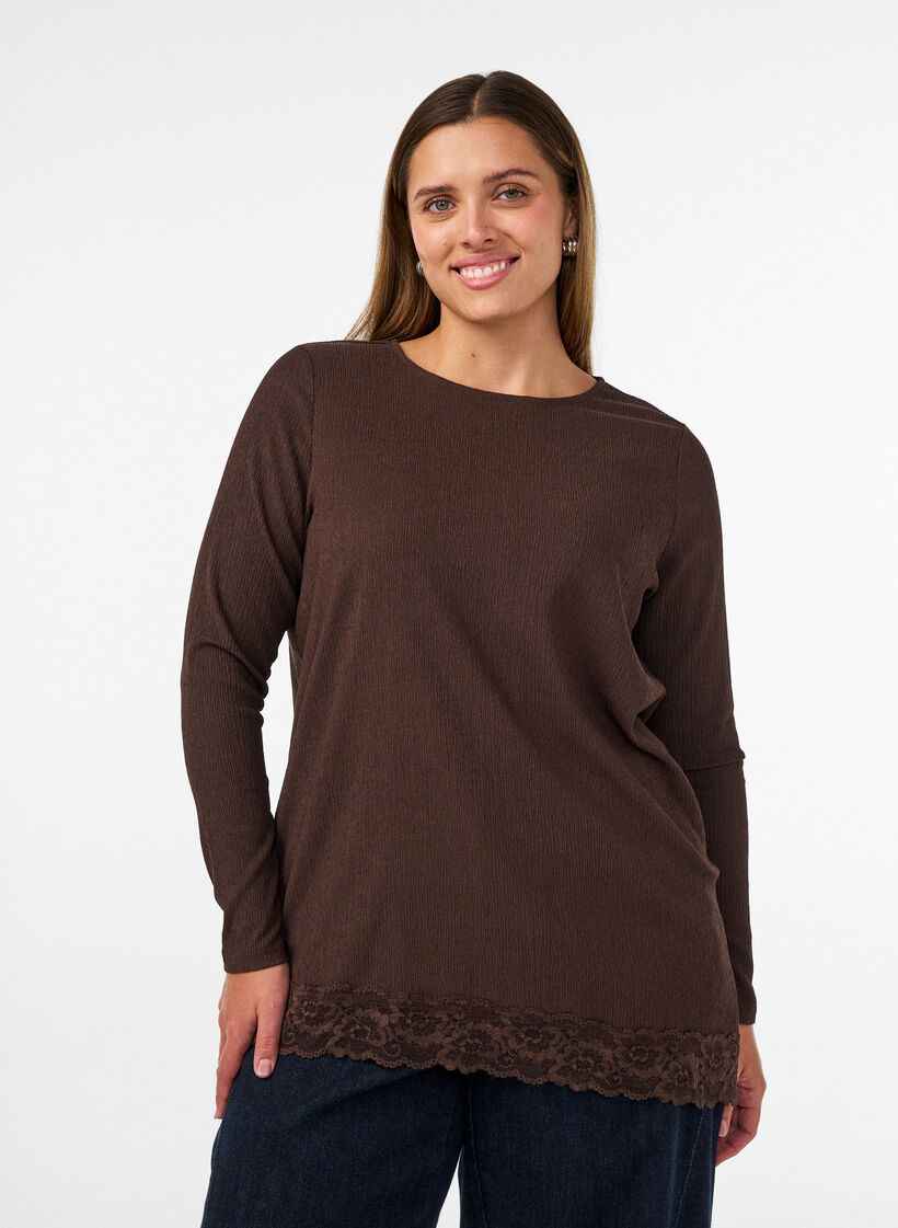 Jersey blouse with asymmetrical lace trim, Brown, Model image number 0