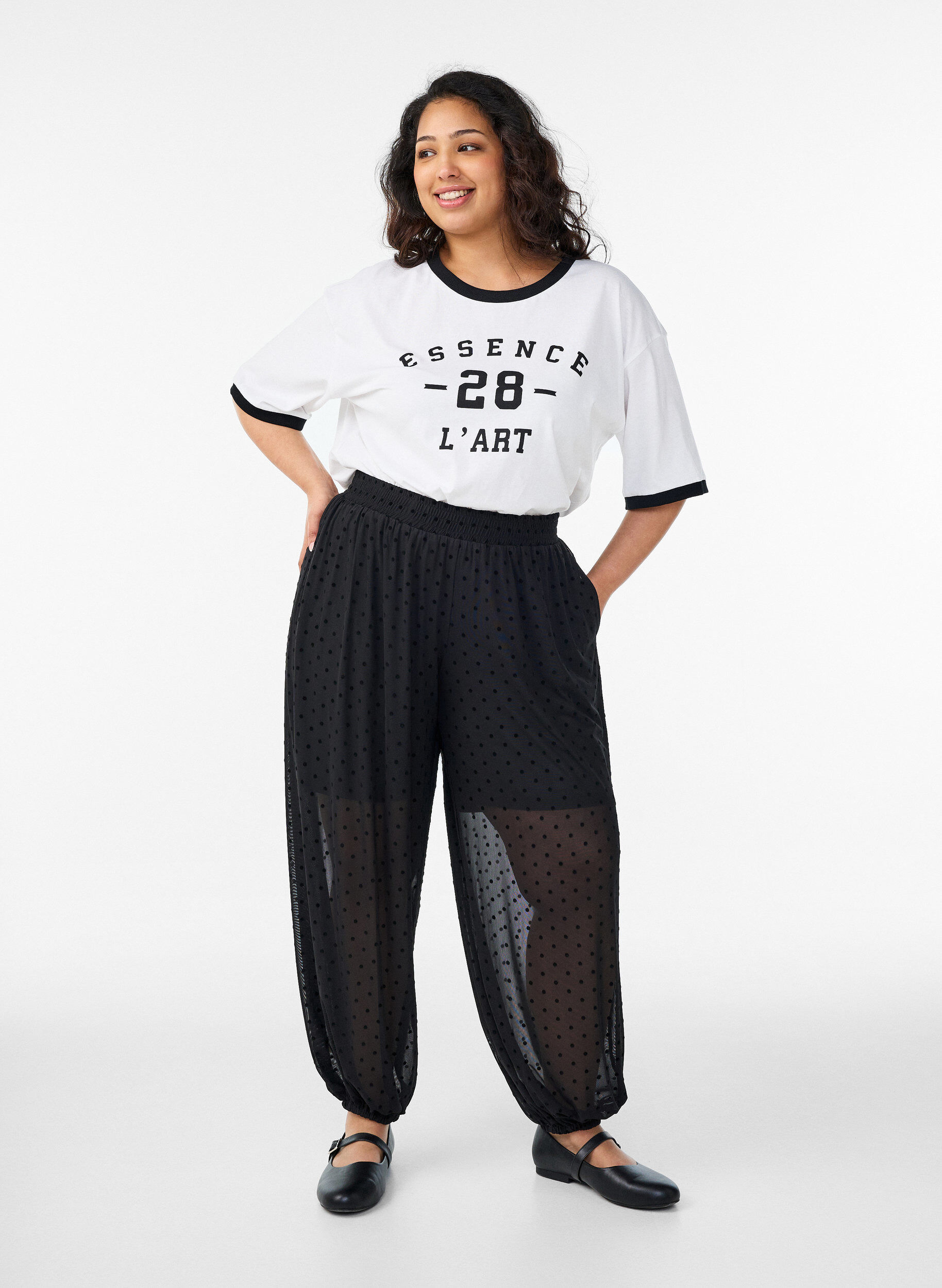 Zizzifashion Mesh balloon trousers with polka dots, Black, Model image number 0