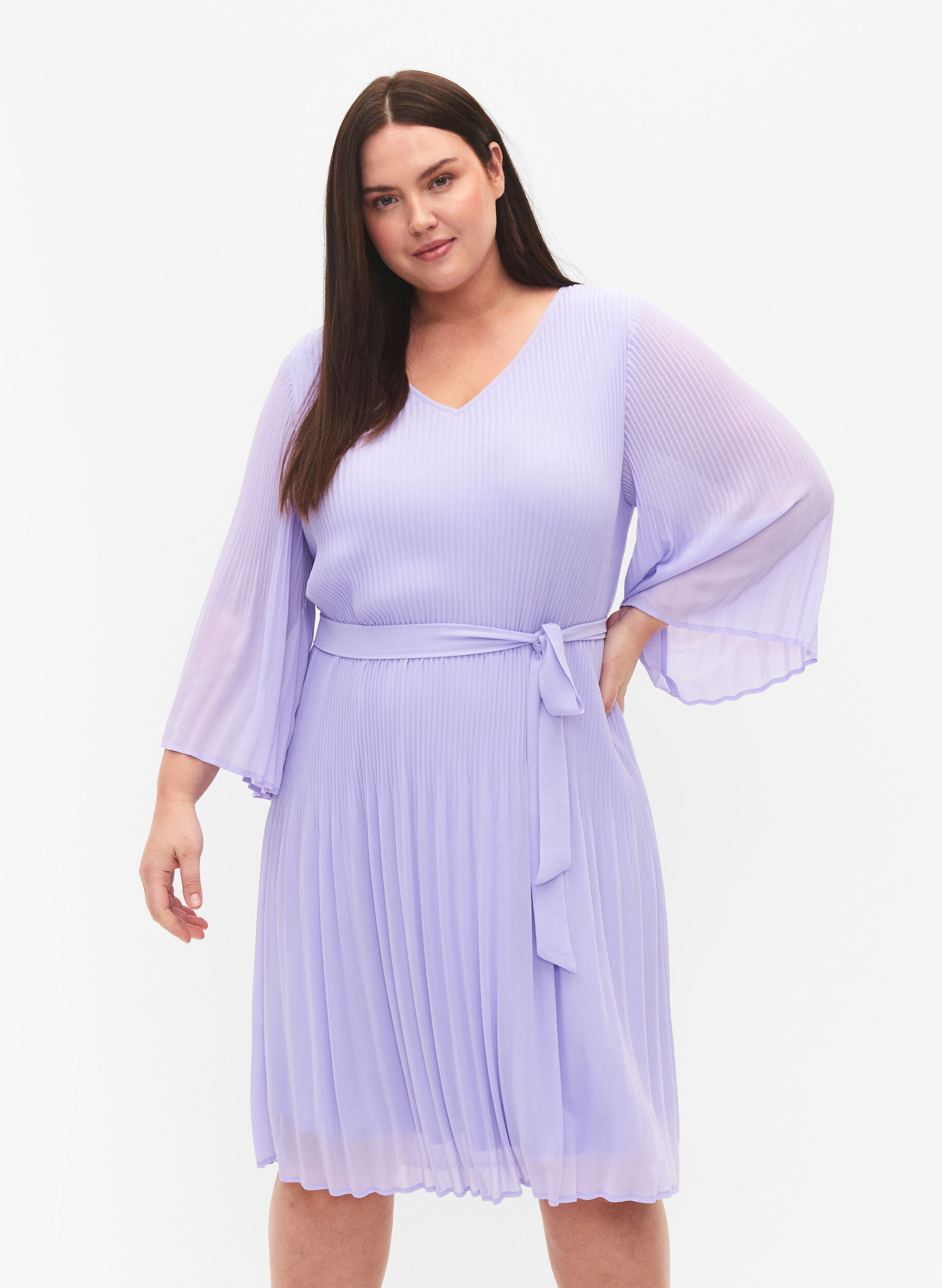 Zizzifashion Pleated dress with 3/4 sleeves, Lavender, Model image number 0