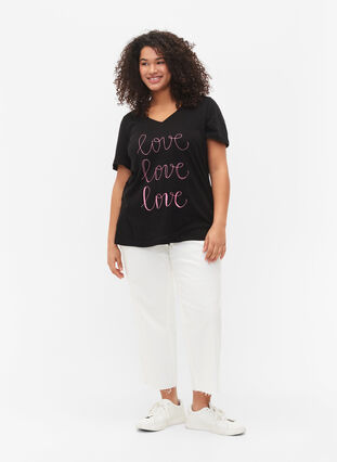 Cotton t-shirt with v-neck and print, Black W. Love, Model image number 2