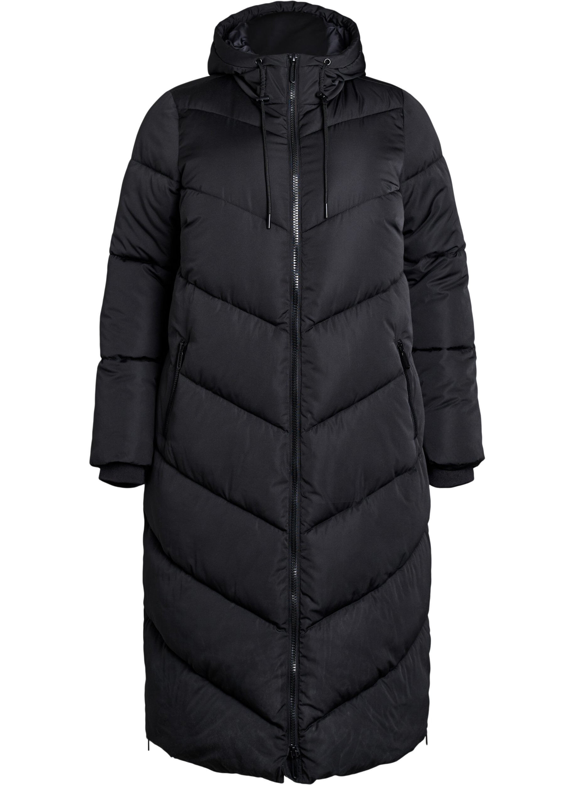 Long puffer coat with hood and pockets