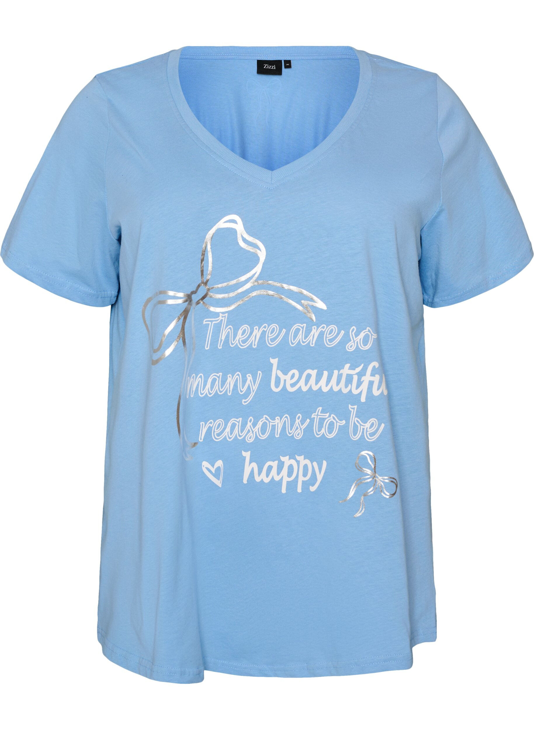 Zizzifashion Cotton T-shirt with V-neck and front print, Light Blue, Packshot image number 0