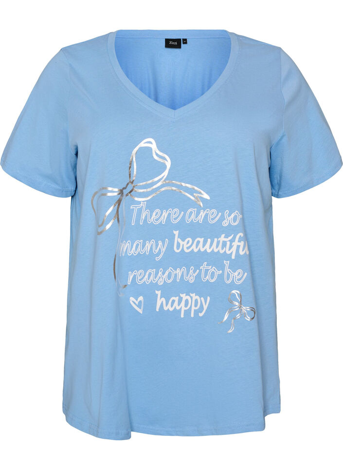 Cotton T-shirt with V-neck and front print, Light Blue, Packshot image number 0