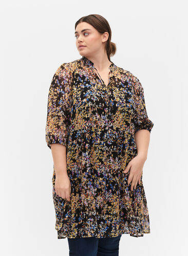 Tunic with floral print and lurex, Black/Vibrant Flower, Model image number 0