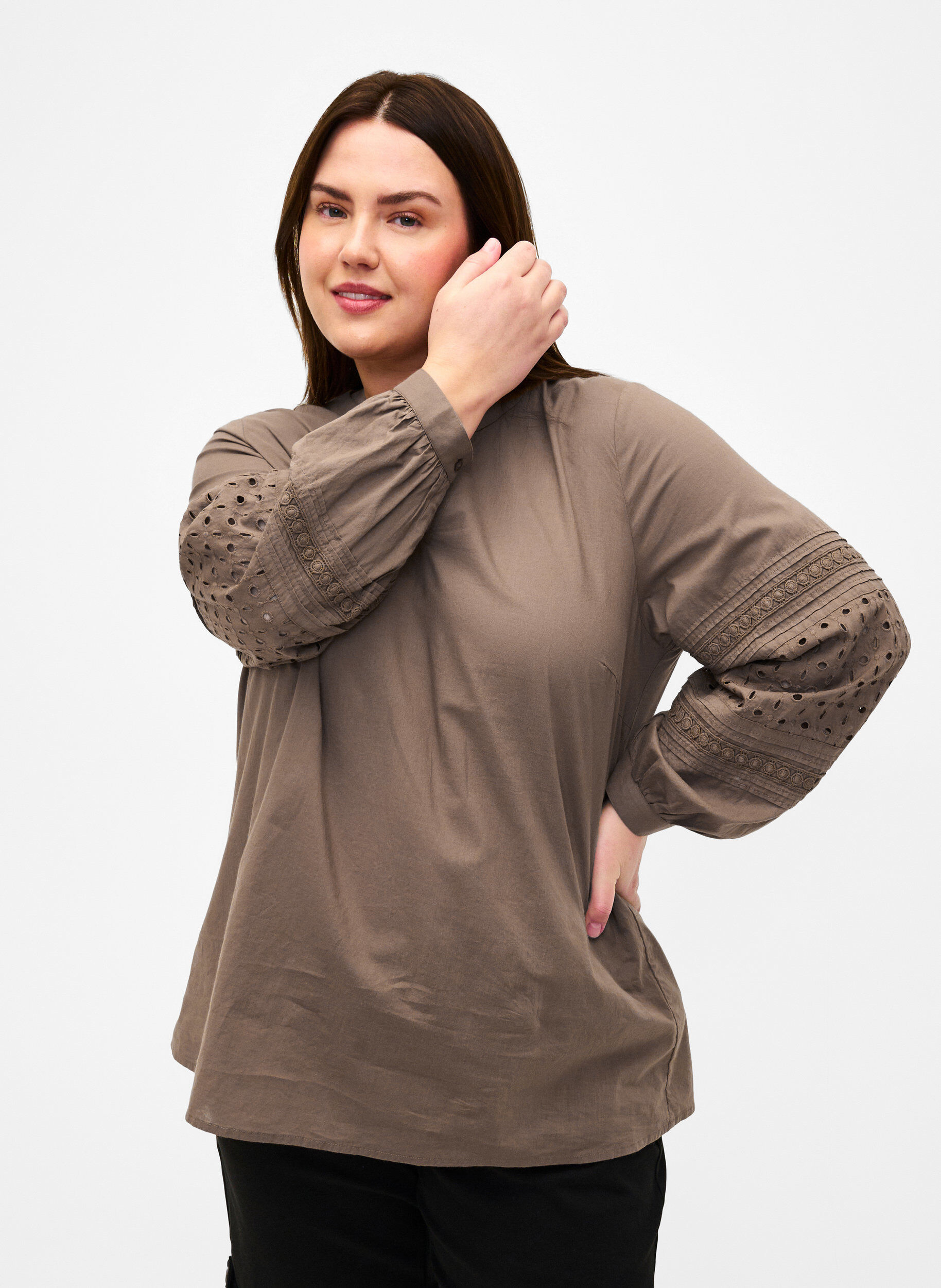 Zizzifashion Long sleeve blouse with decorative details, Caribou, Model image number 0