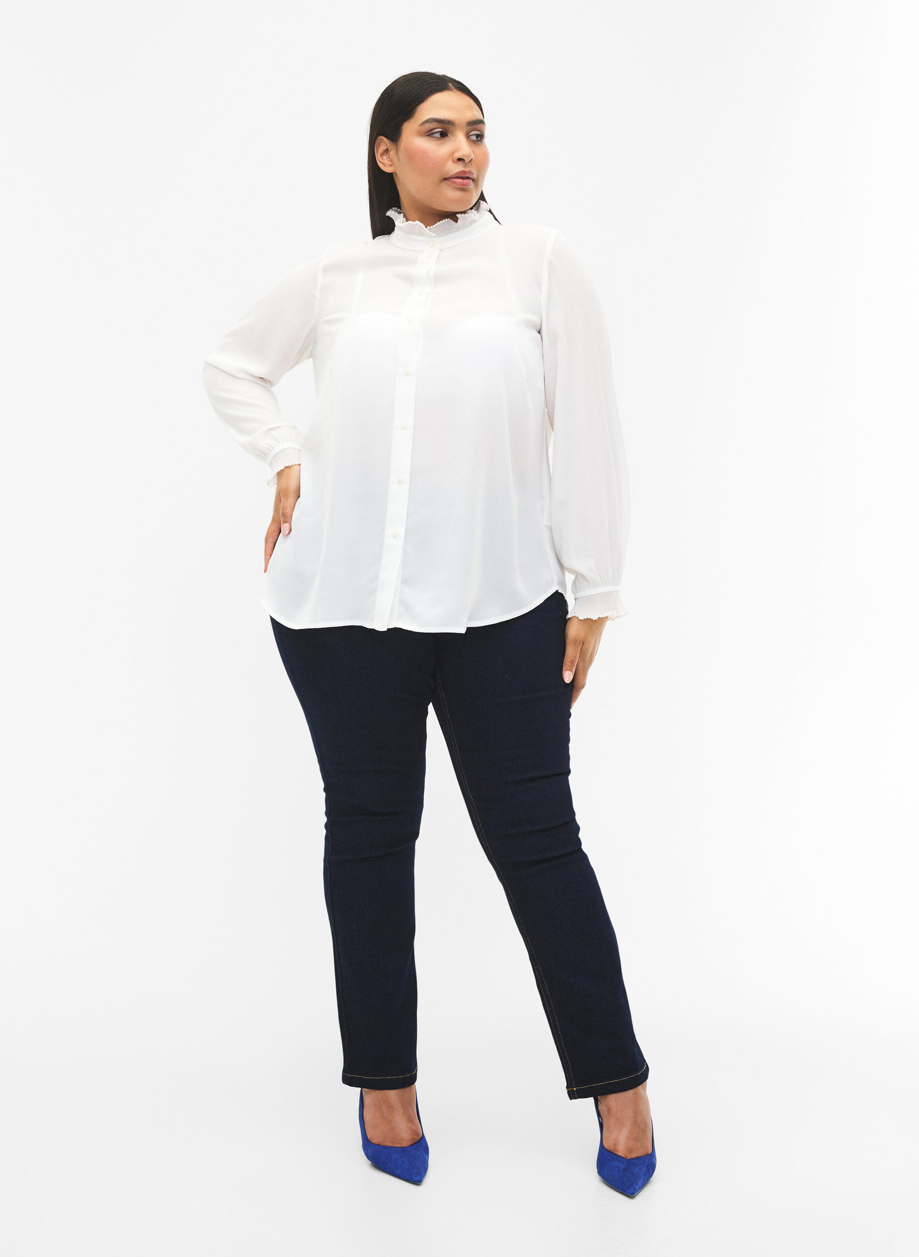 Zizzifashion Shirt blouse with ruffle details, Bright White, Model image number 4