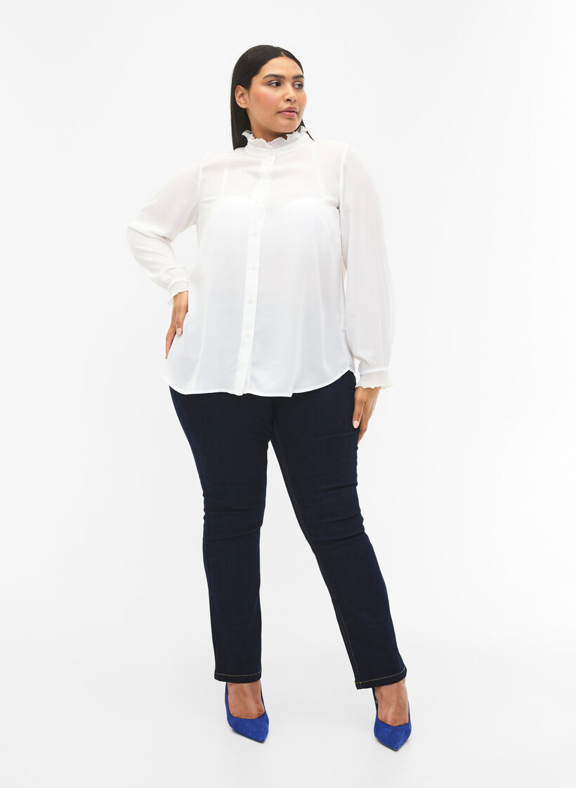 Shirt blouse with ruffle details, Bright White, Model image number 4