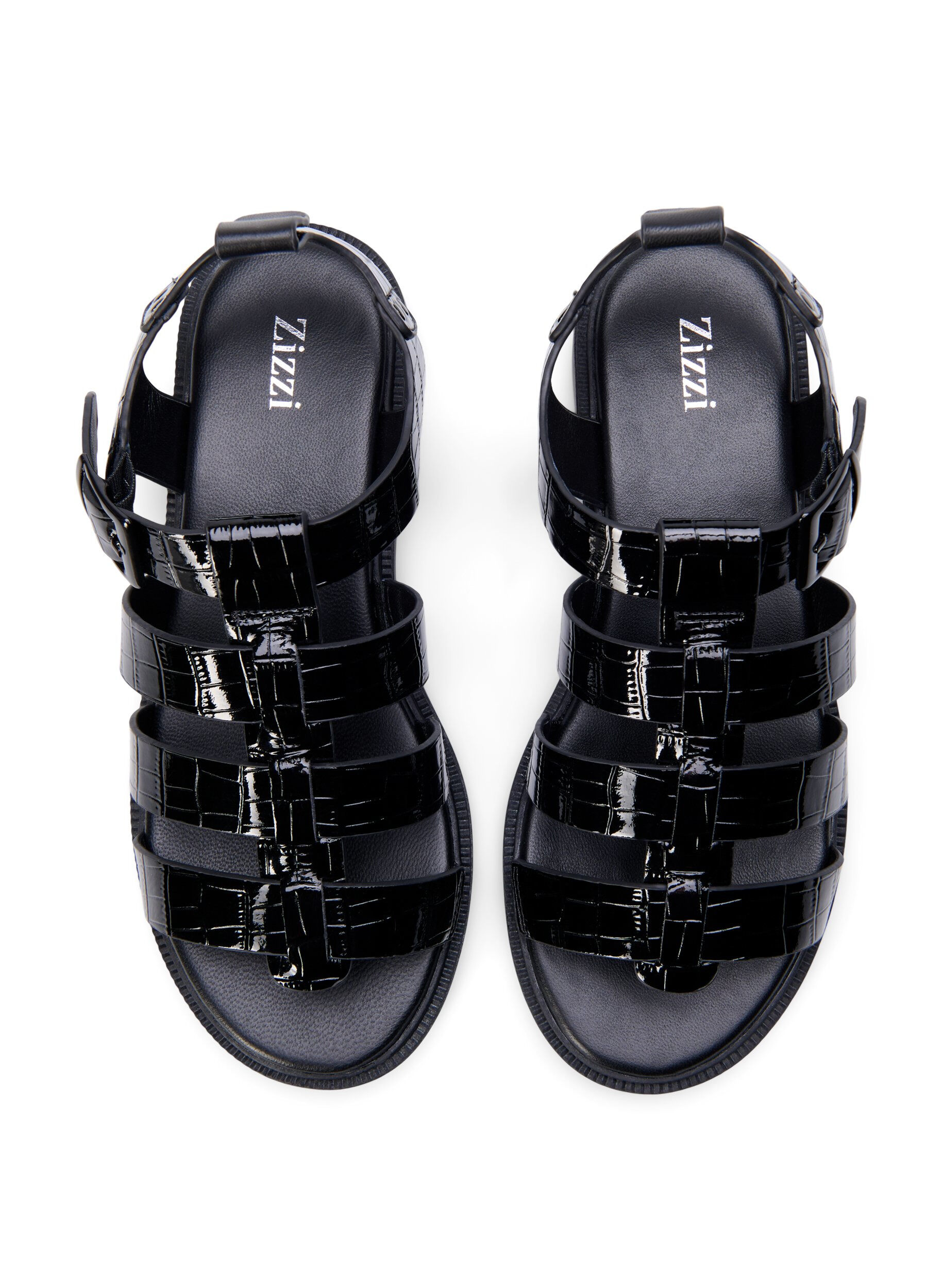 Zizzifashion Wide fit sandal in shiny crocodile leather, Black, Packshot image number 2