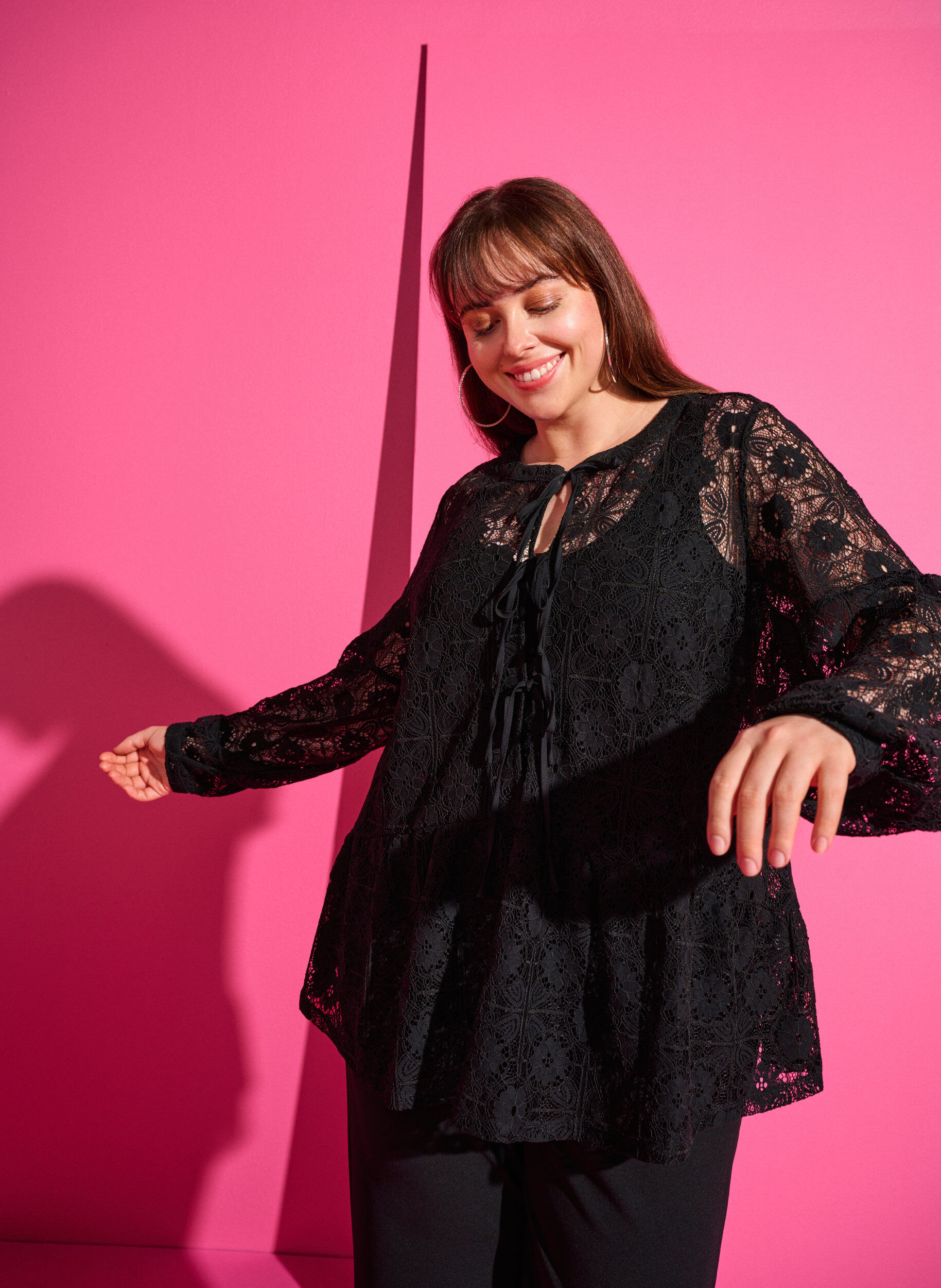 Zizzifashion Lace blouse with tie detail, Black, Image image number 0