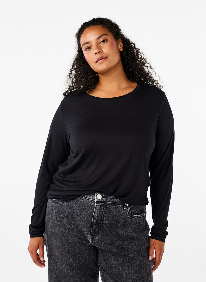 Long-sleeved blouse in wool and viscose, Black, Model image number 0