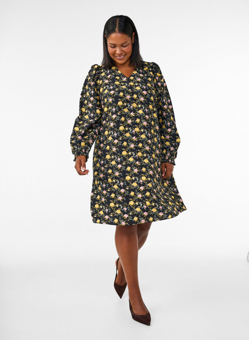 Patterned viscose dress with long sleeves, Black, Model image number 1