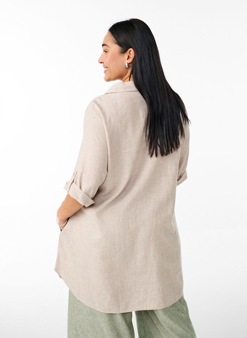 Linen and viscose tunic with A-shape, Beige, Model image number 2