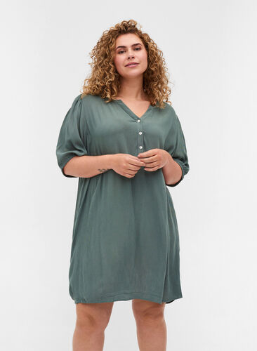 Viscose tunic with V-neck and buttons, Balsam Green, Model image number 0