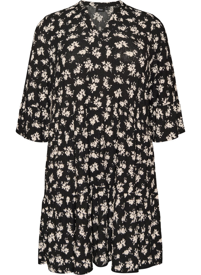 Short A-line jersey dress with an all-over print, Black, Packshot image number 0