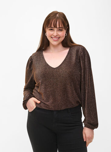 Glitter blouse with puff sleeves, Black Copper, Model image number 0