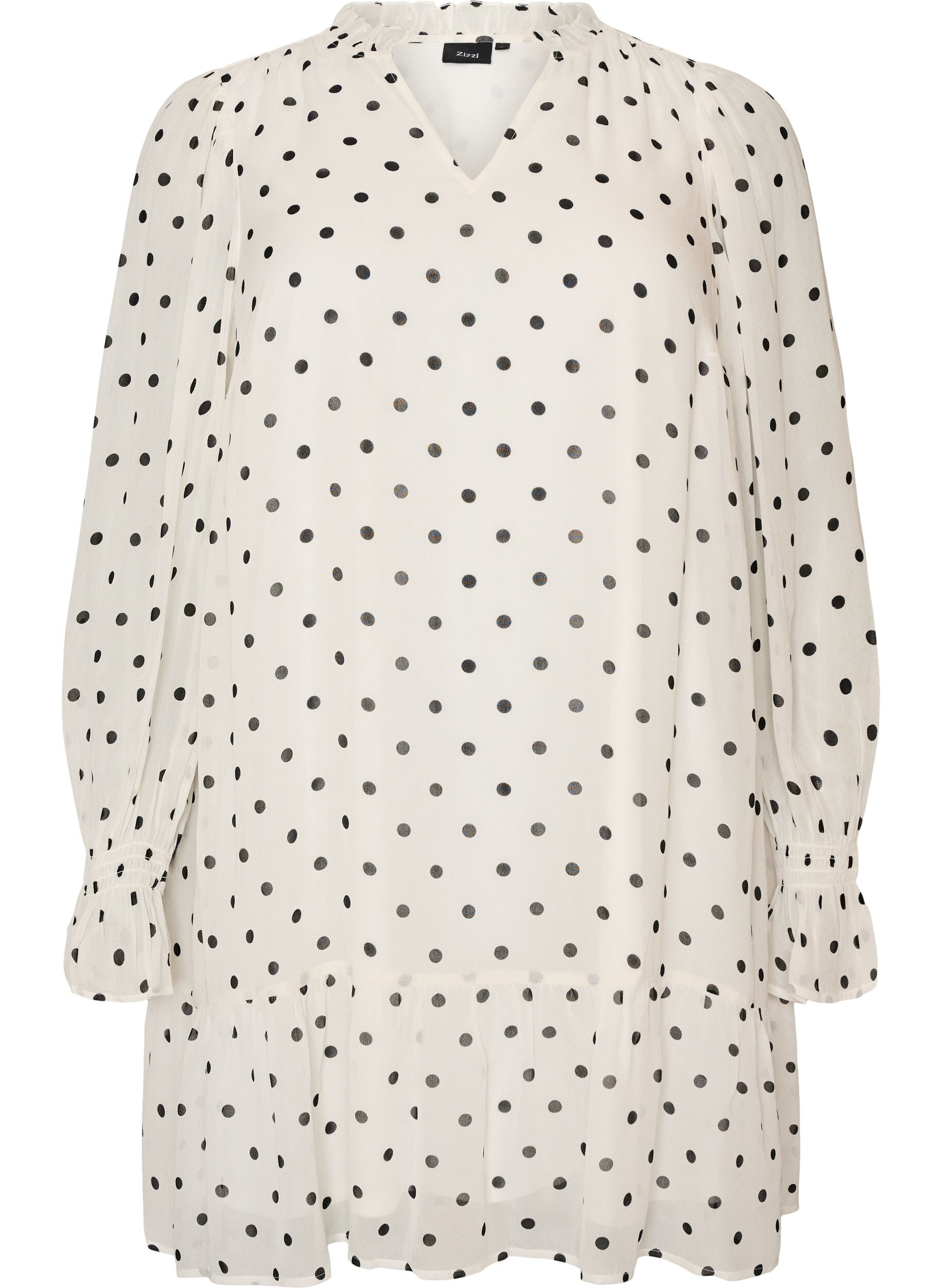 ZizzifashionViscose dress with ruffles and sheer sleeves, White, Packshot image number 0