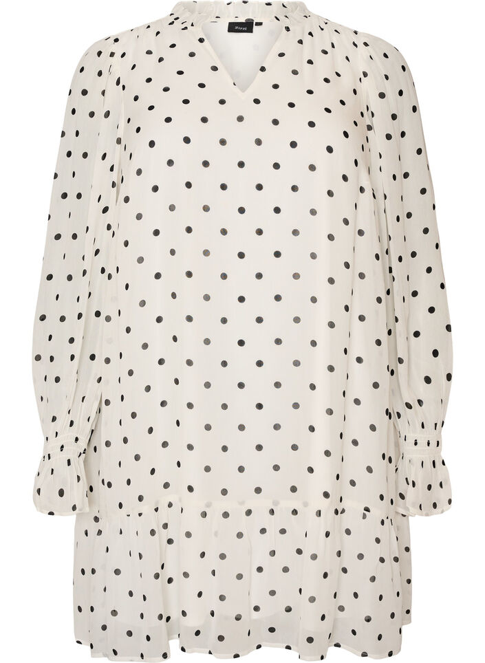 Viscose dress with ruffles and sheer sleeves, White, Packshot image number 0