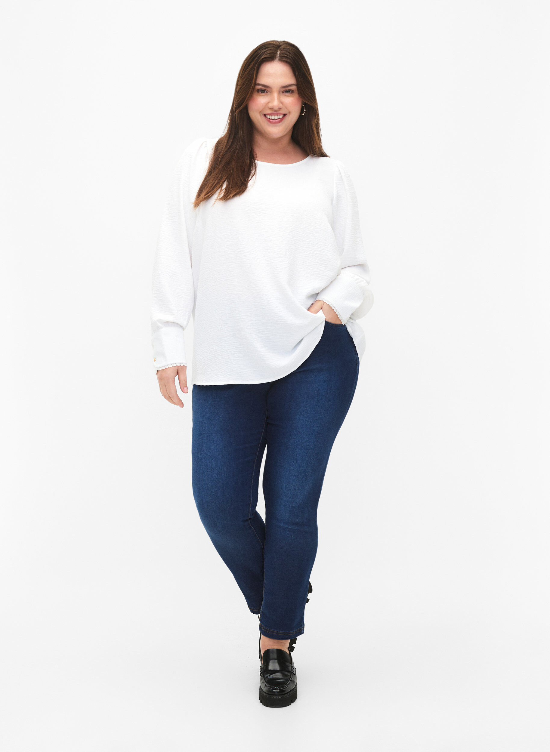 Zizzifashion Long-sleeved blouse with texture, Bright White, Model image number 2