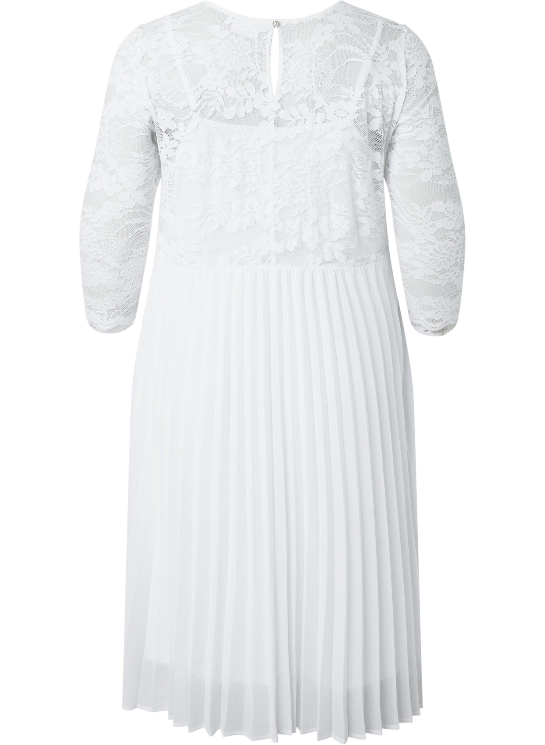 Zizzifashion Pleated dress with lace and 3/4 sleeves, Bright White, Packshot image number 1