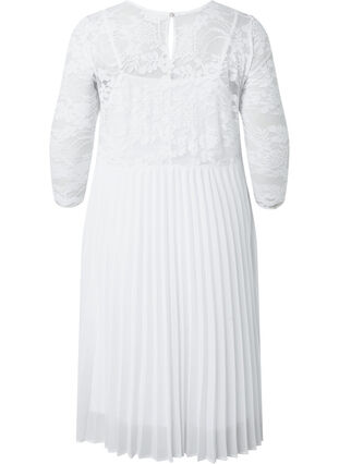 Pleated dress with lace and 3/4 sleeves, Bright White, Packshot image number 1