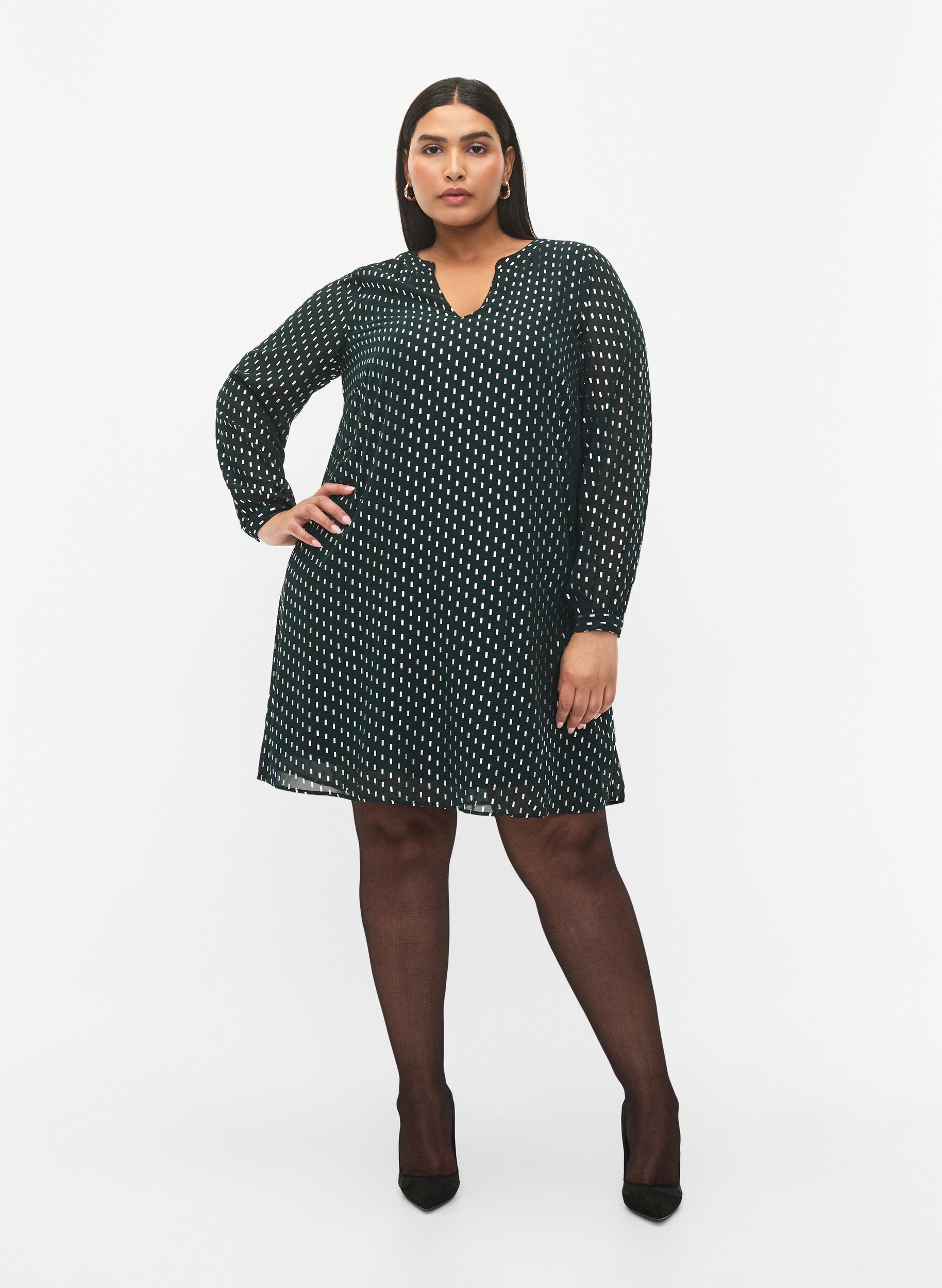 Zizzifashion Long-sleeved dress with foil print, Scarab w. Silver, Model image number 2