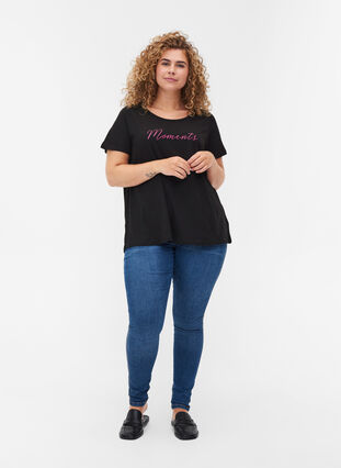 Cotton t-shirt with a-line cut and print, Black, Model image number 2