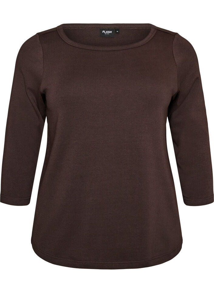 Basic T-shirt with boat neckline and 3/4 sleeves, Brown, Packshot image number 0