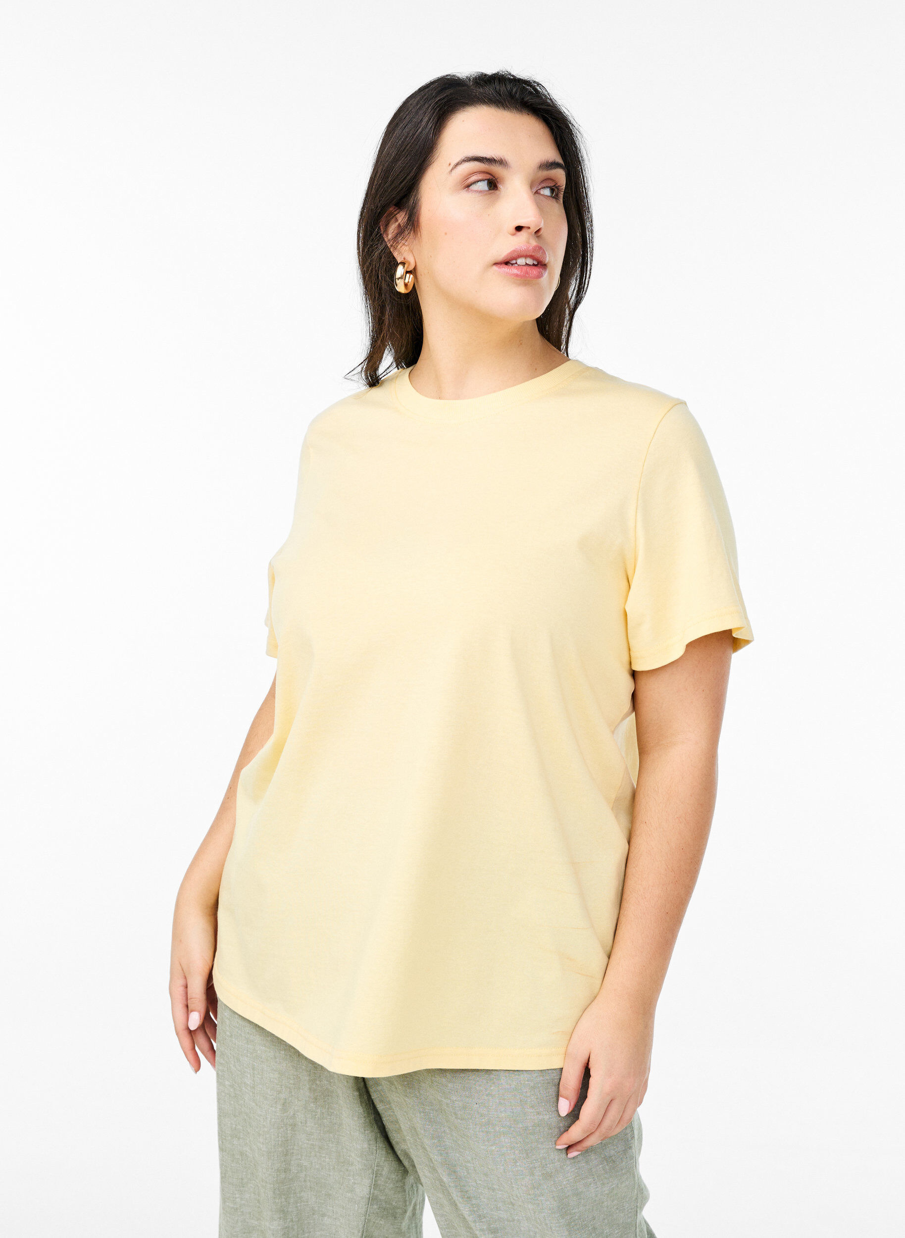ZizzifashionBasic cotton T-shirt with round neck, Yellow, Model image number 0